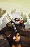  avian beak brown_eyes day duo equine fan_character feathered_wings feathers gryphon gun holding_object holding_weapon mammal my_little_pony outside ranged_weapon rublegun sky smile tears weapon wings 