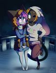  ambiguous_gender ambiguous_species anthro clothed clothing duo feline ittybittyshark looking_at_viewer mammal smile standing 