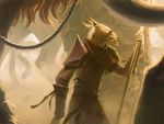  ainok canine clothed clothing fully_clothed group macro magic_the_gathering mammal monochrome official_art side_view size_difference solo_focus staff walking winona_nelson 