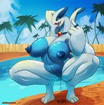  2017 anthro areola armpits big_breasts blue_eyes blue_nipples blush breasts female hand_behind_head huge_breasts legendary_pok&eacute;mon looking_at_viewer lugia nintendo nipples open_mouth outside palm_tree pok&eacute;ball pok&eacute;mon pok&eacute;morph pussy pussy_juice solo spread_legs spreading swimming_pool tree video_games zwitterkitsune 