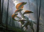  chase_stone feral forest frill hydra looking_away looking_back magic_the_gathering multi_head multi_tail official_art quadruped scalie tree walking 