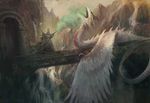  bridge death dragon feathered_dragon feathered_wings feathers human lying magic magic_the_gathering magic_user mammal nils_hamm official_art on_front open_mouth restricted_palette side_view size_difference spell standing waterfall wings 