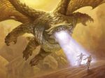  breath_weapon claws feral fleeing flying human landscape limited-palette magic_the_gathering mammal matt_stewart official_art open_mouth quadruped scalie signature solo_focus spread_wing 