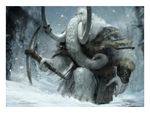  anthro armor border elephant forest front_view holding_object holding_weapon karla_ortiz magic_the_gathering mammal official_art outside pickaxe restricted_palette signature snow solo tree trunk tusks weapon 