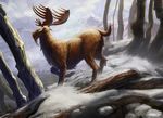  antlers cervine elk feral forest horn john_severin_brassell magic_the_gathering mammal official_art quadruped side_view snow solo tree url 