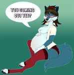  2017 anthro belly big_belly black_hair blue_fur breasts canine claws clothed clothing dialogue english_text eyewear female fur glasses hair hand_on_stomach legwear mammal navel open_mouth pawpads pregnant pregoo shirt smile solo speech_bubble teeth text toe_claws tongue underwear wolf 