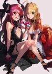  2girls ahoge all_fours asymmetrical_horns bangs blonde_hair braid breasts cleavage commentary_request curled_horns dragon_girl dragon_horns dragon_tail dress elizabeth_bathory_(fate) elizabeth_bathory_(fate)_(all) eyebrows_visible_through_hair fate/extra fate/extra_ccc fate/grand_order fate_(series) french_braid green_eyes hair_bun hair_intakes high_heels highres horns juliet_sleeves large_breasts long_sleeves looking_at_viewer loose_bikini mossi multiple_girls nero_claudius_(fate) nero_claudius_(fate)_(all) open_mouth pink_hair pointy_ears puffy_sleeves red_dress red_ribbon revealing_clothes ribbon sitting small_breasts smile tail thigh_strap thighs two_side_up 