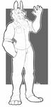  2016 4_toes 5_fingers anthro barefoot biped clothed clothing digital_media_(artwork) dominate_(artist) front_view full-length_portrait fully_clothed greyscale hand_in_pocket humanoid_hands lagomorph looking_at_viewer male mammal monochrome neck_tuft pants portrait rabbit rocky_(bigmaster) shirt signature simple_background smile snout solo standing toes tuft waving 