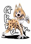 all_fours animal_ears blonde_hair bow elbow_gloves fangs gloves highres hirakata_masahiro kemono_friends open_mouth serval_(kemono_friends) serval_ears serval_print short_hair sketch solo tail thighhighs yellow_eyes 