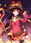  adjusting_clothes adjusting_hat apring bad_id bad_pixiv_id bandages banned_artist belt black_hair black_legwear cape collar eyepatch fingerless_gloves gloves hat kono_subarashii_sekai_ni_shukufuku_wo! looking_at_viewer megumin red_eyes short_hair single_thighhigh smile solo staff thighhighs witch_hat 