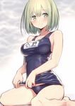  bangs blue_swimsuit blush bob_cut breasts character_name closed_mouth collarbone commentary_request eyebrows_visible_through_hair green_eyes green_hair hair_between_eyes highres hiraga_matsuri large_breasts looking_at_viewer name_tag ono_(hirasato) original revision school_swimsuit short_hair sitting sketch smile solo swimsuit swimsuit_pull thighs wariza 