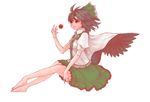  alternate_hair_length alternate_hairstyle barefoot black_hair black_wings blouse bow cape commentary_request feathered_wings full_body green_skirt hair_bow legs lips ma_nyan_(nyao_mao_nyao) puffy_short_sleeves puffy_sleeves red_eyes reiuji_utsuho short_sleeves skirt solo touhou white_blouse wings 