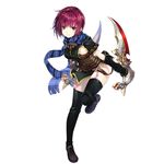  amagai_tarou black_legwear blue_scarf breasts detached_sleeves dual_wielding full_body holding holding_sword holding_weapon leaning_forward looking_at_viewer medium_breasts nel_zelpher official_art purple_eyes red_hair scarf short_hair short_sleeves side_ponytail simple_background solo star_ocean star_ocean_anamnesis star_ocean_till_the_end_of_time striped striped_scarf sword thighhighs weapon white_background 