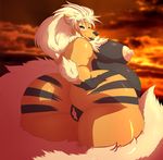  2017 anthro arcanine belly big_belly big_breasts big_butt breasts butt chest_tuft female fur heterochromia huge_breasts huge_butt impaledwolf looking_at_viewer looking_back mane mature_female nintendo nipples overweight pok&eacute;mon pussy rear_view shiny_pok&eacute;mon slightly_chubby smile sunset tuft video_games 