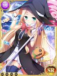  artist_request black_legwear blonde_hair candy card_(medium) dress food garter_straps green_eyes hair_intakes halloween hat jack-o'-lantern koihime_musou lollipop long_hair official_art oversized_object pumpkin sleeveless sleeveless_dress smile solo teiiku thighhighs very_long_hair witch_hat 