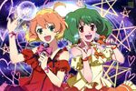  :d absurdres ahoge arm_up blonde_hair bow brown_hair collarbone eyebrows_visible_through_hair freyja_wion green_eyes green_hair heart highres holding holding_microphone long_hair looking_at_viewer macross macross_delta macross_frontier microphone multicolored_hair multiple_girls open_mouth orange_bow orange_skirt pink_bow pink_ribbon purple_skirt ranka_lee red_eyes red_ribbon red_shirt ribbon shirakawa_ayako shirt short_hair skirt sleeveless smile standing star twintails two-tone_hair wrist_ribbon yellow_shirt 