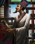  bamboo_scroll beard black_hair blue_sky brown_eyes chinese_clothes day dong_yun facial_hair hanfu hat highres holding_scroll indoors kazemachi_(akainan) looking_to_the_side male_focus mustache profile sangokushi_taisen scroll sky solo standing window 