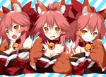  animal_ears bell bell_collar blush breasts cleavage collar fang fate/grand_order fate_(series) fox_ears hair_ribbon highres japanese_clothes large_breasts looking_at_viewer multiple_views open_mouth paws pink_hair ponytail ribbon sh_(562835932) tamamo_(fate)_(all) tamamo_cat_(fate) upper_body yellow_eyes 