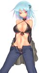  bare_shoulders bikini bikini_under_clothes black_bikini black_gloves blue_hair blush breasts choker cleavage commentary_request denim elbow_gloves eyes_visible_through_hair front-tie_top gloves hair_over_eyes highres jeans kyuusui_gakari large_breasts looking_at_viewer midriff navel open_clothes original pants purple_eyes short_hair solo swimsuit swimsuit_under_clothes unzipped 