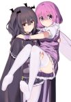  2girls black_hair blush carrying ddt_(darktrident) green_hair highres insect_wings long_hair looking_at_viewer multiple_girls original panties pink_eyes pink_hair plaid plaid_skirt princess_carry puffy_sleeves short_hair skirt thighhighs two_side_up underwear white_legwear wings 