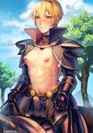  1boy abs armor blonde_hair blush bulge erection fire_emblem fire_emblem_if horse ibara_nashio male_focus muscle nature nipples outdoors sky solo sweat tagme testicles tree 
