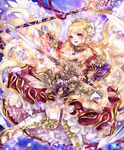  angel_wings bare_shoulders blonde_hair crown dress flower greek_mythology hair_flower hair_ornament haruci highres holding holding_staff holding_sword holding_weapon long_hair looking_at_viewer nike_(mythology) open_mouth petals petticoat shingoku_no_valhalla_gate solo staff sword thighhighs very_long_hair weapon white_legwear wings 
