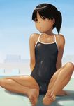  ass bare_shoulders barefoot black_hair brown_eyes competition_school_swimsuit covered_navel covered_nipples dark_skin feet flat_chest highres one-piece_swimsuit original ponytail ranma_(kamenrideroz) school_swimsuit sitting soles solo spread_legs swimsuit tan toenail_polish toes 