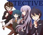  2girls ahoge androgynous black black_hair blue_eyes blue_hair bow braid brown_hair claw_hammer danganronpa danganronpa_1 danganronpa_kirigiri eyelashes gakuran glasses green_eyes hammer highres kirigiri_kyouko lavender_hair lineup long_hair multiple_boys multiple_girls necktie new_danganronpa_v3 oimohashi orange_neckwear pantyhose red-framed_eyewear red_bow reverse_trap rico_(danganronpa) saihara_shuuichi samidare_yui school_uniform semi-rimless_eyewear short_hair shorts single_braid striped sweatdrop sweater_vest trait_connection under-rim_eyewear vertical_stripes yellow_eyes 