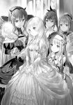  5girls blush breasts cleavage collarbone dress drill_hair elise_katharina_von_hohenheim eyebrows_visible_through_hair firie_(hachinan_tte_sore_wa_nai_deshou!) fuji_choko greyscale hachinan_tte_sore_wa_nai_deshou! hair_between_eyes hair_ornament hairband high_ponytail highres holding hood ina_susanne_hillenbrand jewelry katharina_linda_von_weigel large_breasts layered_dress long_dress long_sleeves monochrome multiple_girls novel_illustration nun official_art parted_lips ring shiny shiny_hair sidelocks smile standing vilma_etre_von_asgahan 