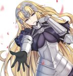 1girl armor black_gloves blonde_hair blue_eyes breasts breasts_apart chains dylannn eyebrows_visible_through_hair fate/apocrypha fate_(series) floating_hair gloves head_tilt headpiece highres jeanne_d&#039;arc_(fate) jeanne_d&#039;arc_(fate)_(all) large_breasts long_hair looking_at_viewer parted_lips petals shiny shiny_hair solo very_long_hair white_background 