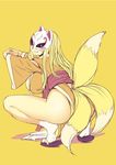  artist_name ass blonde_hair bosshi breasts commentary_request fox_mask fox_tail full_body grin japanese_clothes kiitarou_shounen_no_youkai_enikki kitsunemen_no_onna kyuubi large_breasts long_hair looking_at_viewer mask multiple_tails parted_lips sandals signature simple_background smile socks solo spread_legs squatting stretch tail teeth white_legwear yellow_background 