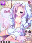  animal_costume animal_ears artist_request bra bunny_costume bunny_ears card_(medium) fake_animal_ears flat_chest hood jokou knees_together_feet_apart koihime_musou navel official_art open_clothes pink_legwear print_legwear purple_eyes purple_hair short_hair shorts sitting solo striped striped_bra stuffed_toy thighhighs underwear unzipped 