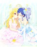  aikatsu! aikatsu!_(series) arm_support bangs bare_shoulders bead_bracelet beads blonde_hair blue_bow blue_dress blue_flower blue_hair blue_rose bow bow_earrings bracelet breasts bridal_gauntlets bridal_veil bride choker church cleavage closed_mouth confetti couple curly_hair dress earrings elbow_gloves eyelashes face-to-face flower from_side glint gloves hair_between_eyes hair_flower hair_ornament heart hoshimiya_ichigo imminent_kiss indoors jewelry kiriya_aoi lace lace-trimmed_dress long_dress long_hair minatsuki_randoseru multiple_girls off-shoulder_dress off_shoulder parted_lips pink_dress profile red_eyes rose see-through shiny shiny_hair side_ponytail sitting slit_pupils small_breasts sparkle stained_glass strapless strapless_dress tiara veil wedding wedding_dress white_dress white_gloves wife_and_wife yuri 