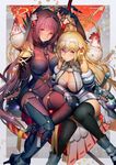  2girls armor armored_dress bird black_legwear blonde_hair blue_eyes blush bodysuit breasts checkered checkered_background chicken chinese_zodiac commentary_request covered_navel fate/apocrypha fate/grand_order fate_(series) fur_trim gae_bolg gauntlets headpiece jeanne_d'arc_(fate) jeanne_d'arc_(fate)_(all) large_breasts liduke long_hair looking_at_viewer multiple_girls pauldrons polearm purple_bodysuit purple_hair red_eyes rooster saint_quartz scathach_(fate)_(all) scathach_(fate/grand_order) sheath sheathed shoulder_armor spear stellated_octahedron sword thighhighs very_long_hair weapon year_of_the_rooster 