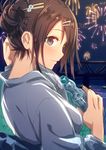  bangs blue_eyes blue_kimono blush breasts brown_hair closed_mouth fireworks from_behind hair_between_eyes hair_ornament hairclip hand_up hiraga_matsuri japanese_clothes kimono looking_at_viewer medium_breasts nape obi original ramune sash sketch smile solo tied_hair upper_body 