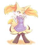  2017 ambiguous_gender anthro blush braixen canine clothed clothing fox fur inner_ear_fluff mammal nintendo open_mouth orange_fur partially_clothed pok&eacute;mon simple_background solo sweater unknownlifeform video_games virgin_killer_sweater white_background white_fur yellow_fur 