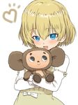  bangs blonde_hair blue_eyes blush brown_dress casual cheburashka dress girls_und_panzer heart highres holding katyusha long_sleeves looking_at_viewer open_mouth sabaku_chitai shirt short_hair simple_background smile solo standing stuffed_animal stuffed_toy teddy_bear upper_body white_background white_shirt 