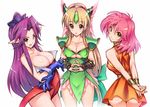  3girls angela_(seiken_densetsu_3) blue_eyes blush breasts cleavage crossover final_fantasy final_fantasy_v forehead_jewel green_eyes helmet large_breasts lenna_charlotte_tycoon long_hair looking_at_viewer looking_back low-tied_long_hair multiple_girls pink_hair pointy_ears purple_hair riesz seiken_densetsu seiken_densetsu_3 short_hair very_long_hair winged_helmet 