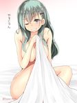  ;d arm_at_side artist_name bed_sheet blush breast_press breasts collarbone covering covering_breasts eyebrows_visible_through_hair green_hair grin hair_ornament hairclip head_tilt holding kantai_collection large_breasts long_hair looking_at_viewer naked_sheet narushima_kanna nose_blush nude one_eye_closed open_mouth parted_lips shiny shiny_hair shiny_skin simple_background sitting smile solo straight_hair suzuya_(kantai_collection) sweat teeth translated twitter_username white_background 