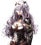  armor black_armor breasts camilla_(fire_emblem_if) cleavage fire_emblem fire_emblem_if hair_over_eyes hamada_(super_tachioyogi_kyousou) large_breasts long_hair purple_hair simple_background solo tiara vambraces wavy_hair white_background 