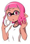  anbe_masahiro bangs blunt_bangs commentary domino_mask inkling looking_at_viewer mask parted_lips pink_eyes pink_hair playing_with_own_hair pointy_ears shirt short_hair simple_background sleeveless sleeveless_shirt solo splatoon_(series) splatoon_2 standing tan tentacle_hair upper_body white_background white_shirt 