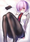  black_legwear breasts fate/grand_order fate_(series) fine_fabric_emphasis glasses hair_over_one_eye highres legs looking_at_viewer lying mash_kyrielight medium_breasts pantyhose pink_eyes pink_hair red-framed_eyewear short_hair solo thighband_pantyhose thighs zha_yu_bu_dong_hua 