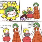  4koma blonde_hair comic commentary english green_hair jpeg_artifacts kazami_yuuka lowres medicine_melancholy meme multiple_girls orz_(kagewaka) profanity text_focus touhou wriggle_nightbug 