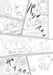  1girl bad_id bad_pixiv_id comic fangs fantasy greyscale hair_between_eyes highres lina_kontiola monochrome orc original river shimazaki_mujirushi short_hair sketch topless translated tripping valtava 