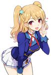  :d aikatsu! aikatsu!_(series) arched_back arm_support bangs blonde_hair blue_jacket blush bolo_tie breasts commentary_request cowboy_shot double-breasted eyelashes hair_ornament heart heart_hair_ornament jacket leaning_forward long_hair long_sleeves looking_at_viewer medium_breasts minatsuki_randoseru miniskirt multicolored_hair natsuki_mikuru open_mouth pink_hair pleated_skirt red_eyes red_ribbon ribbon school_uniform shiny shiny_skin shirt simple_background skirt smile solo star star_hair_ornament starlight_academy_uniform streaked_hair two_side_up v white_background white_shirt white_skirt 