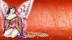  animal bare_shoulders braid breasts bug butterfly butterfly_wings cleavage happoubi_jin highres huge_breasts insect japanese_clothes kimono long_hair long_legs multicolored_hair original panties purple_panties red_string string thread underwear wallpaper wings 