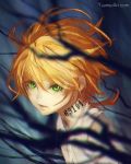  1girl bangs blurry_foreground closed_mouth commentary emma_(yakusoku_no_neverland) english_commentary eyes_visible_through_hair green_eyes hair_between_eyes highres looking_at_viewer neck_tattoo orange_hair shirt short_hair simple_background solo tattoo watermark web_address wenqing_yan white_shirt yakusoku_no_neverland 