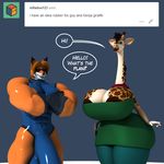  3d_(artwork) anthro anthroanim areola balls big_breasts breasts canine clothed clothing dialogue digital_media_(artwork) duo english_text female fox fur giraffe hair huge_breasts hyper hyper_penis kenja_giraffe looking_at_viewer mammal muscular nude open_mouth penis rubber_fox_guy simple_background smile speech_bubble standing text wide_hips 