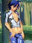  1boy blue_hair looking_at_viewer male_focus nature naughty_face outdoors smile solo sweat tanakana tree undressing 