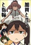  black_hair blue_eyes breast_pocket brown_eyes brown_hair closed_eyes commentary_request dress frown hair_between_eyes hiryuu_(kantai_collection) japanese_clothes jewelry kaga_(kantai_collection) kantai_collection long_hair masukuza_j multiple_girls no_headwear pocket ponytail ring ryuujou_(kantai_collection) saratoga_(kantai_collection) side_ponytail sidelocks souryuu_(kantai_collection) translated twintails wedding_ring white_background white_dress 